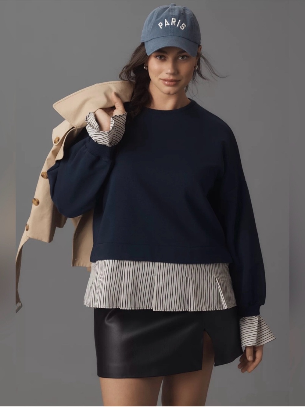 Maeve Navy Layered Sweatshirt with Striped Hem